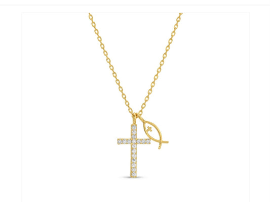 CZ Cross with Ichthus Fish Charm