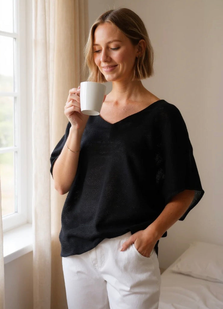 Short Sleeve V-Neck Cotton Top | Black