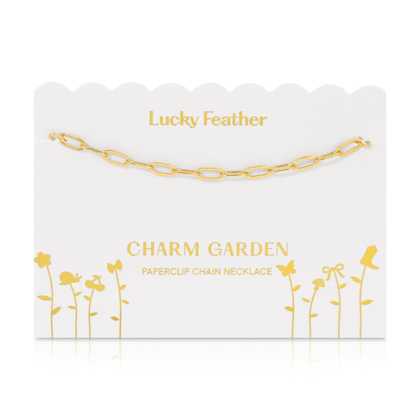 Lucky Feather - Charm Garden - Paperclip Chain Necklace - (18-20 inch) Gold