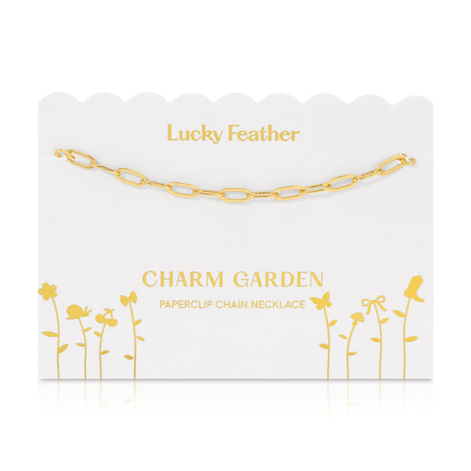 Lucky Feather - Charm Garden - Paperclip Chain Necklace - (18-20 inch) Gold