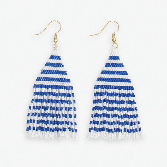 Lexie horizontal lines beaded fringe earrings blue/white