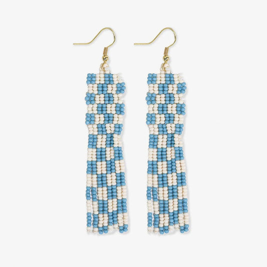 Harriet woven top gingham beaded fringe earrings light blue