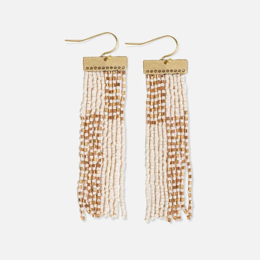 Lana rectangle hanger color block with stripes beaded fringe earrings ivory/gold