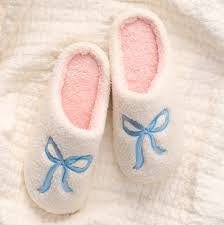Fuzzy Slippers - Bow Blue