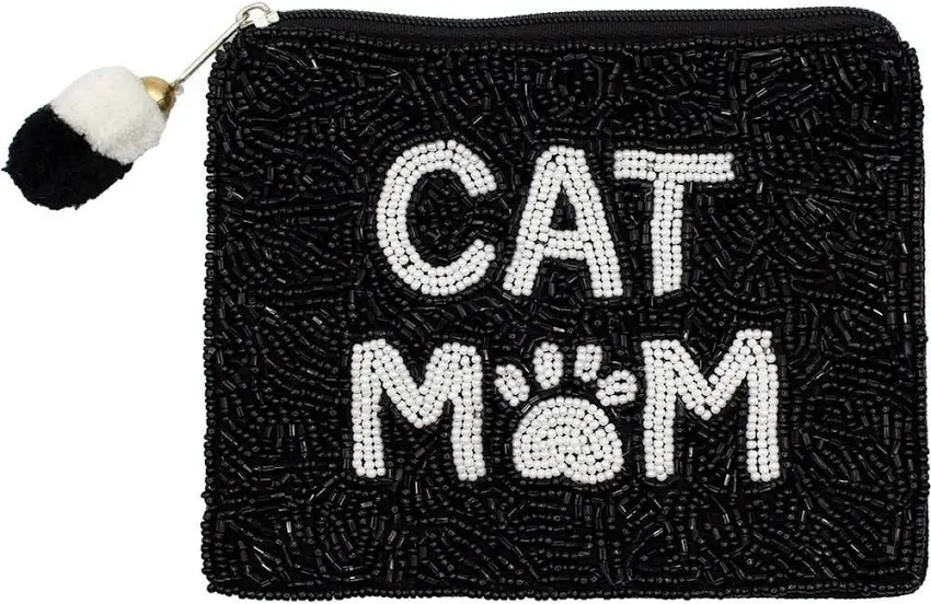Cat Mom Black Beaded Coin Pouch