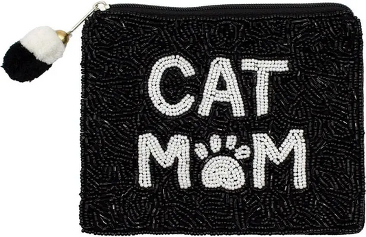 Cat Mom Black Beaded Coin Pouch