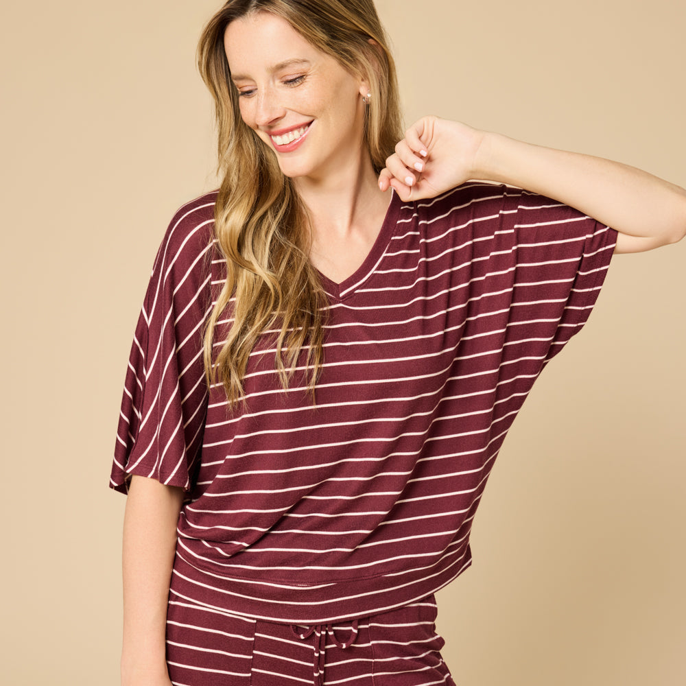 Dream Relaxed V-Neck Capri Set - Cherry Cola Stripe