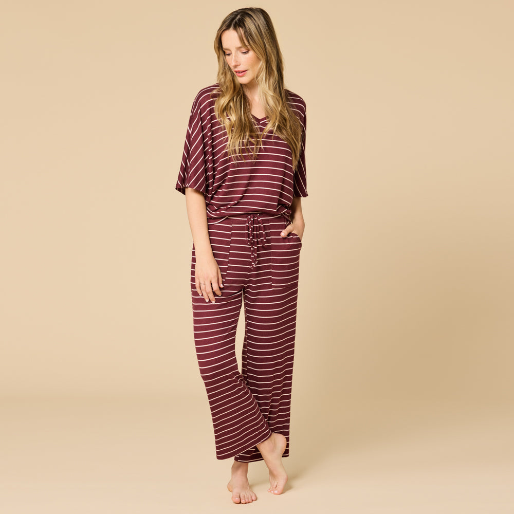 Dream Relaxed V-Neck Capri Set - Cherry Cola Stripe