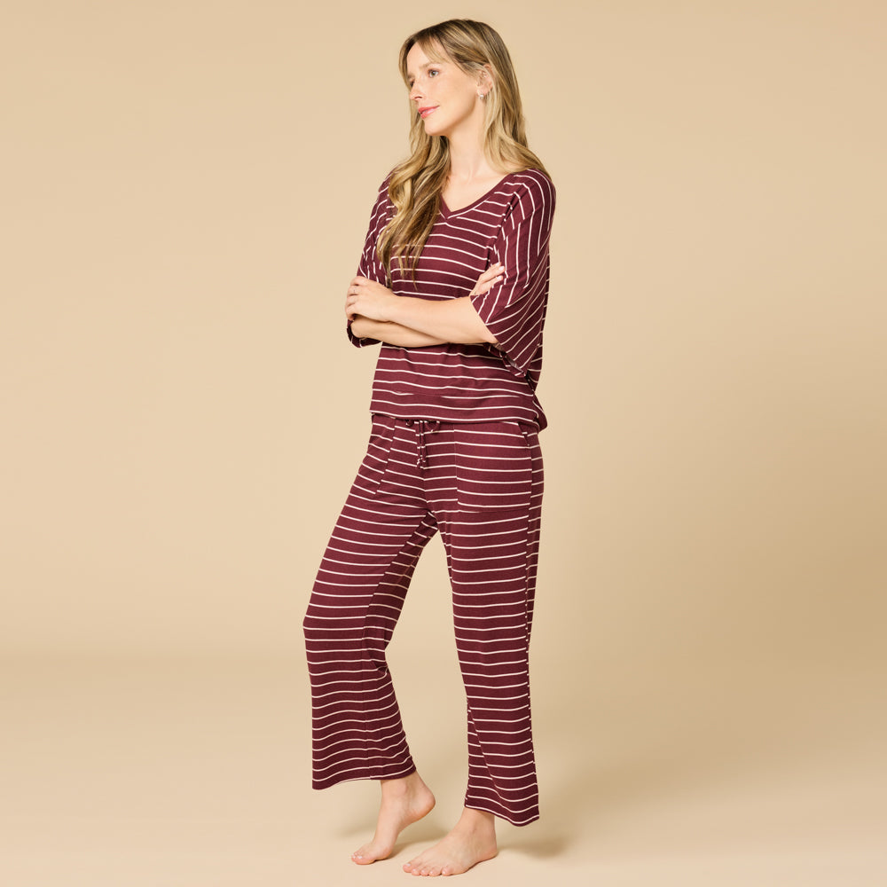 Dream Relaxed V-Neck Capri Set - Cherry Cola Stripe