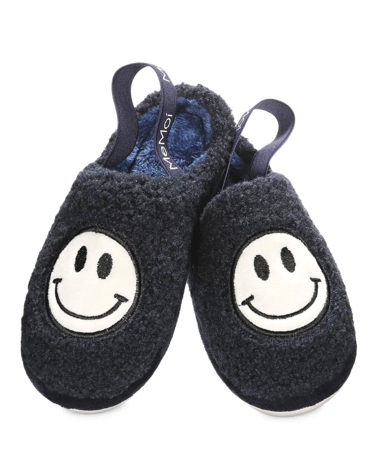 Kids Fuzzy Navy Smiley Plush Slippers