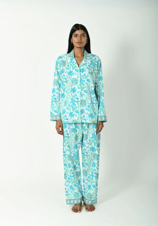SOS Long Sleeve/Pants Sleep Set-Blue Floral