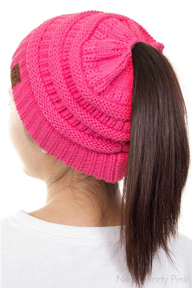 Hana - C.C Solid Color Ponytail Messy Bun Beanie