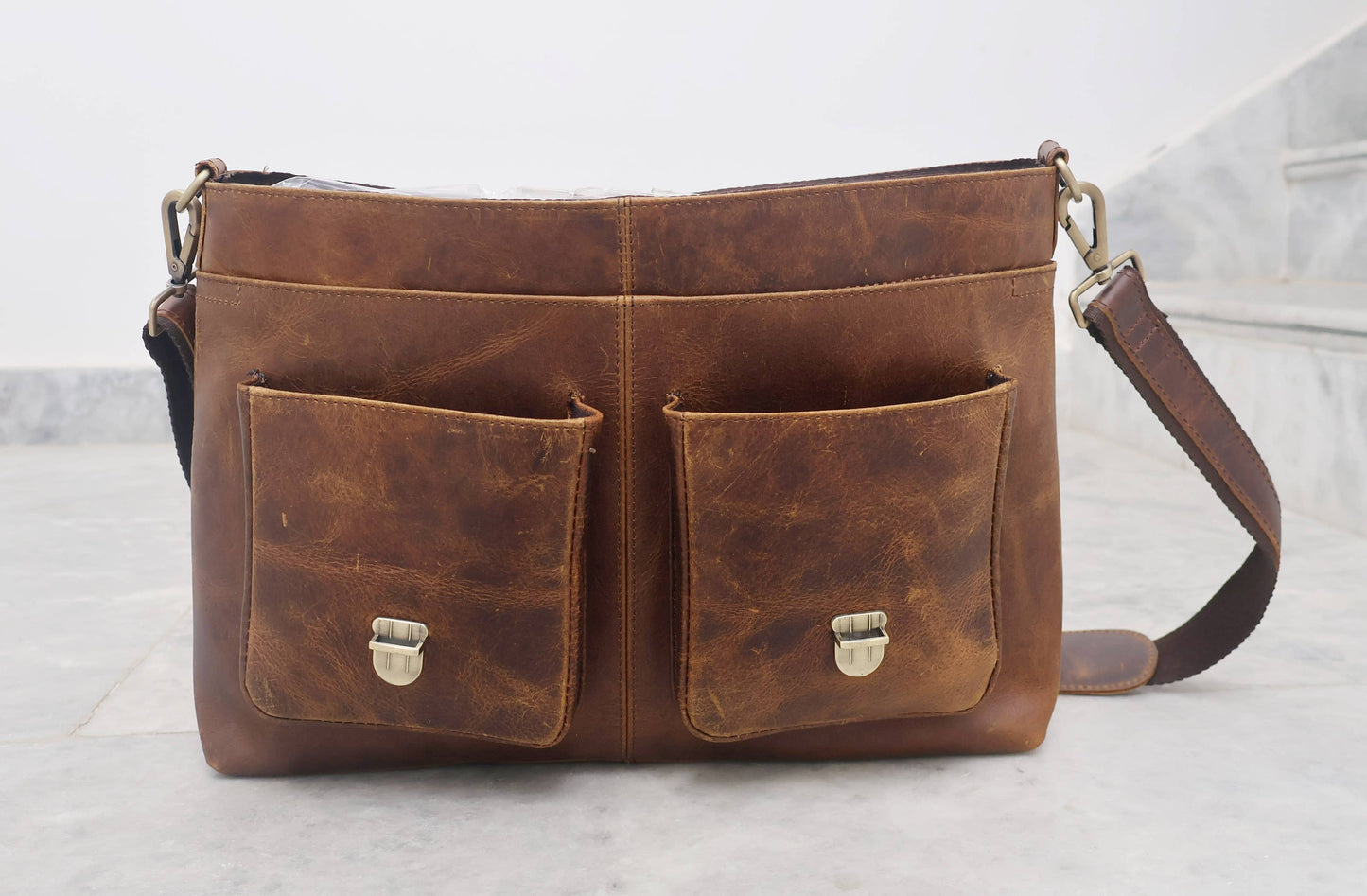 Buffalo Leather Double Pocket Messenger Bag