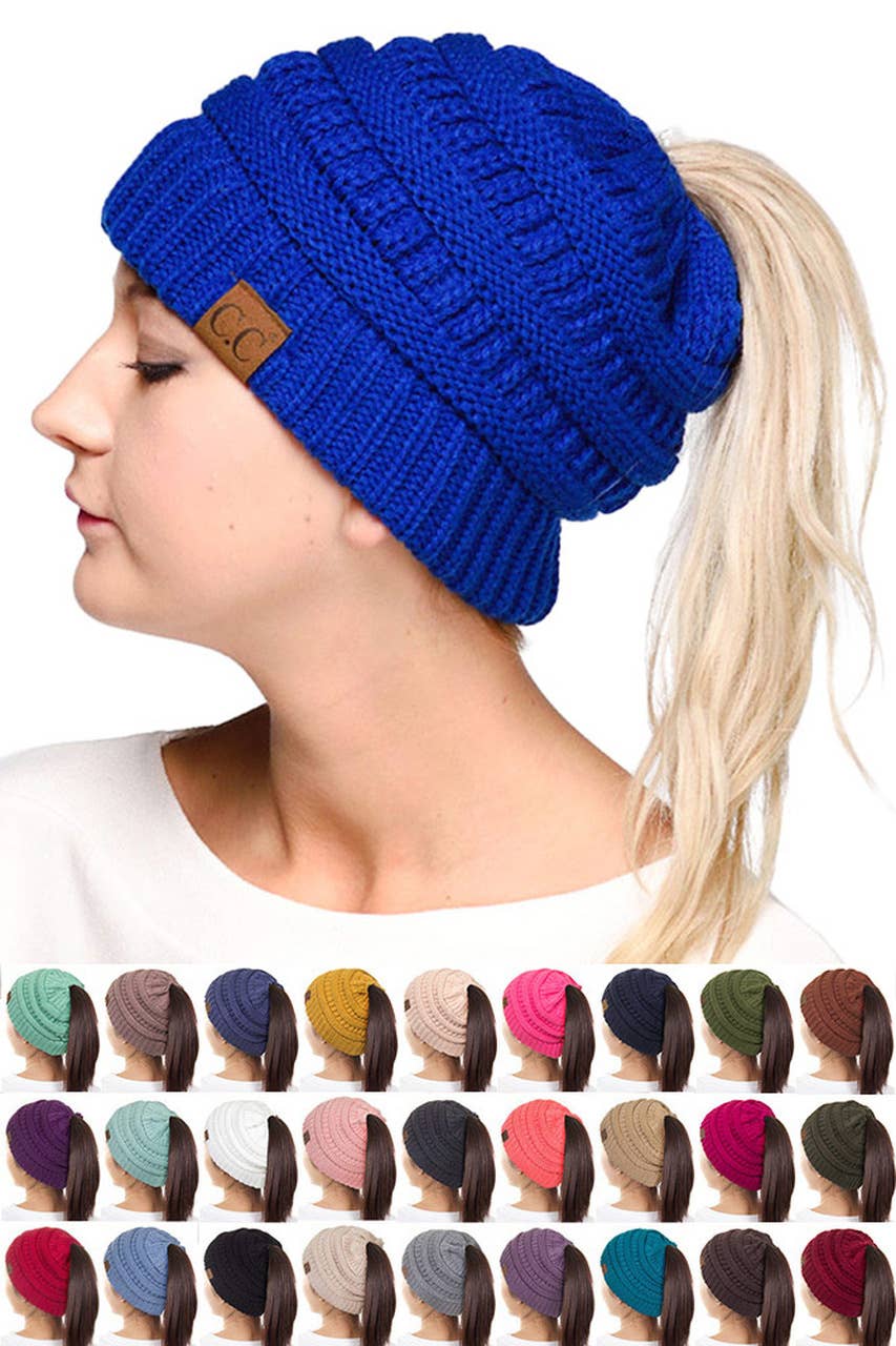 C.C Solid Color Ponytail Messy Bun Beanie: Mustard