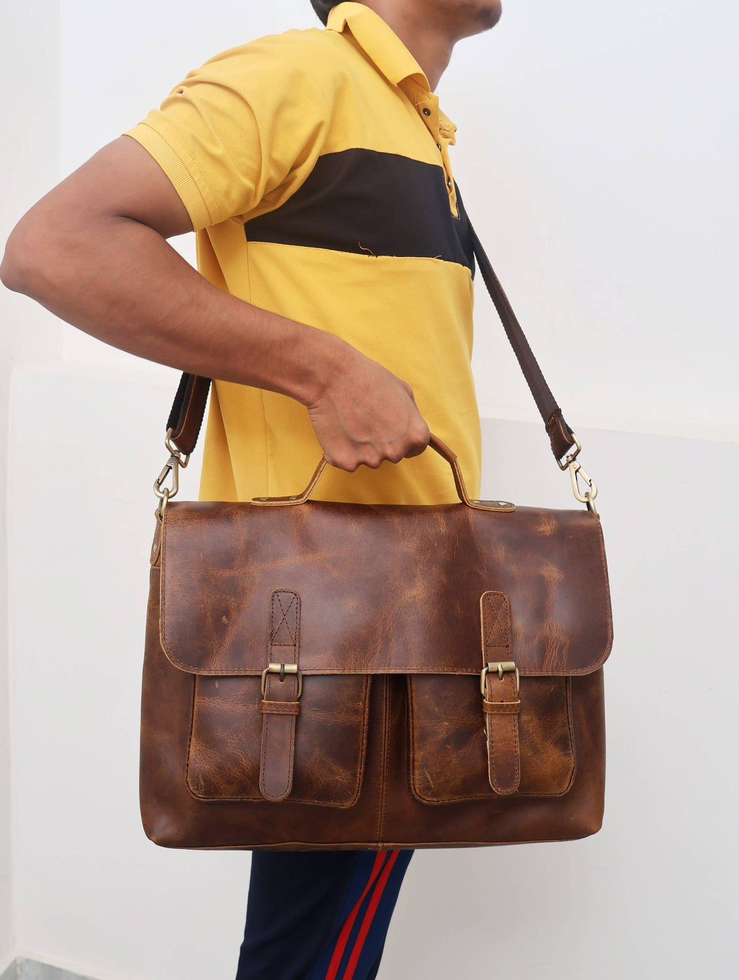 Buffalo Leather Double Pocket Messenger Bag