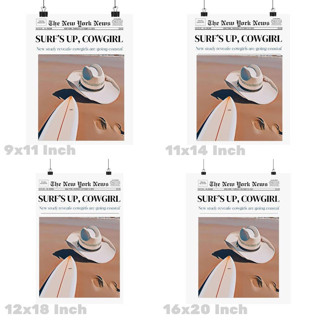Surfs Up Cowgirl Newspaper Headline Wall Art Prints
