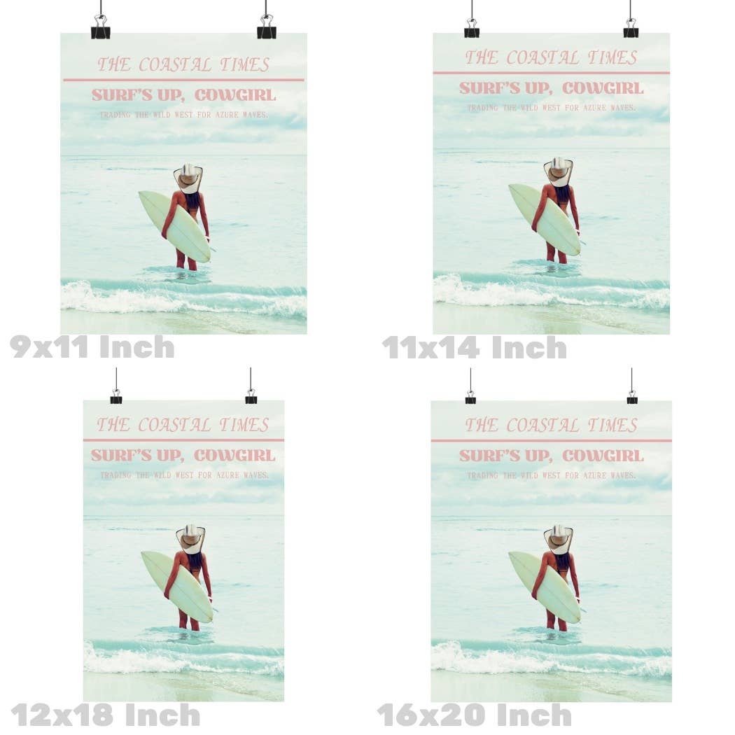 Trendy Newspaper Poster, Surfs Up Cowgirl News Print