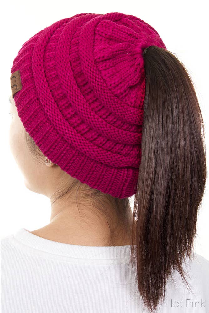 C.C Solid Color Ponytail Messy Bun Beanie: Navy