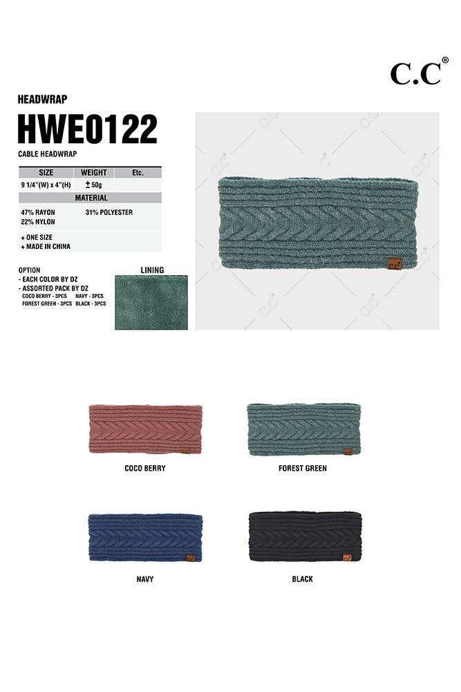 Hana - C.C Cable Knit Lining Headwrap Winter Headband