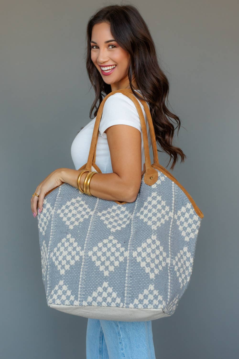 Panache - Blue Gray & Cream Diamond Pattern Tote