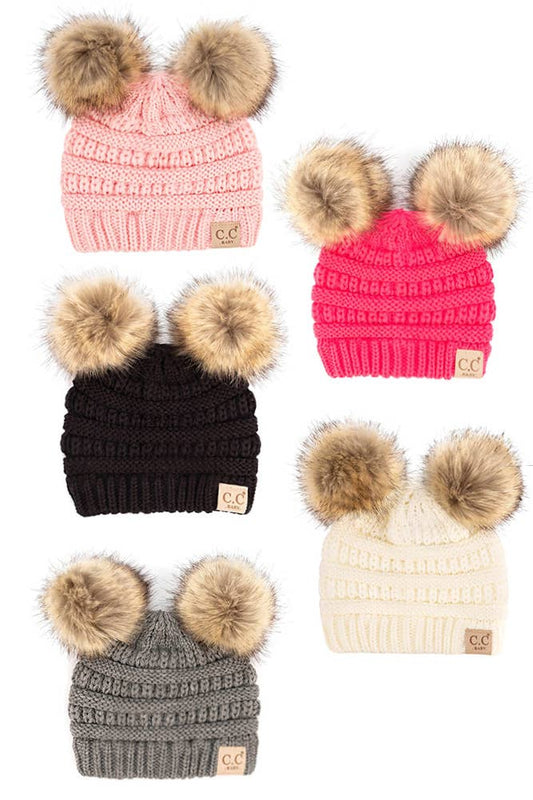 C.C Solid Ribbed Infant Natural Fur Double Pom Pom Beanie: Black