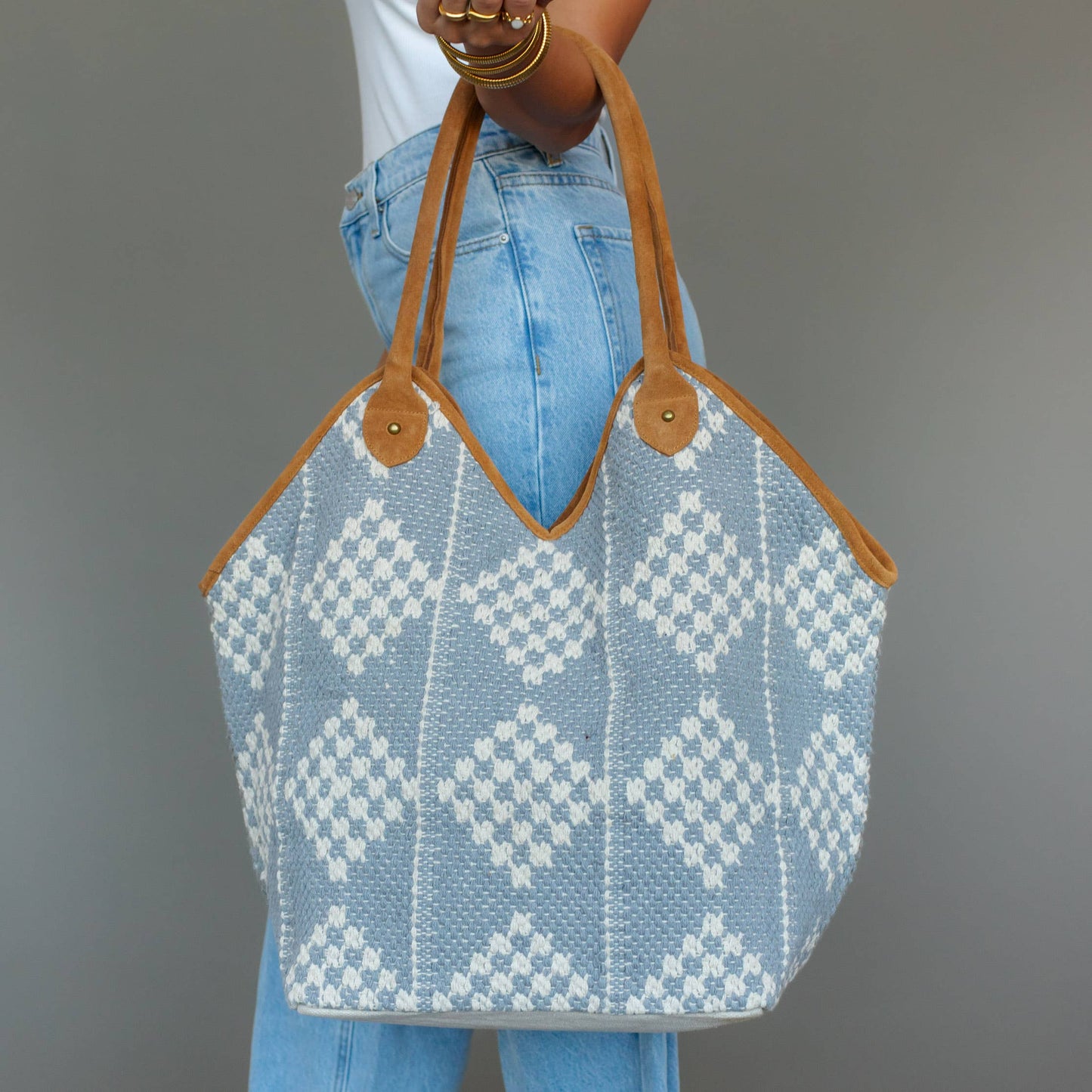 Panache - Blue Gray & Cream Diamond Pattern Tote