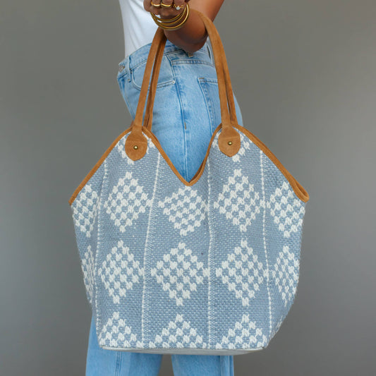 Panache - Blue Gray & Cream Diamond Pattern Tote