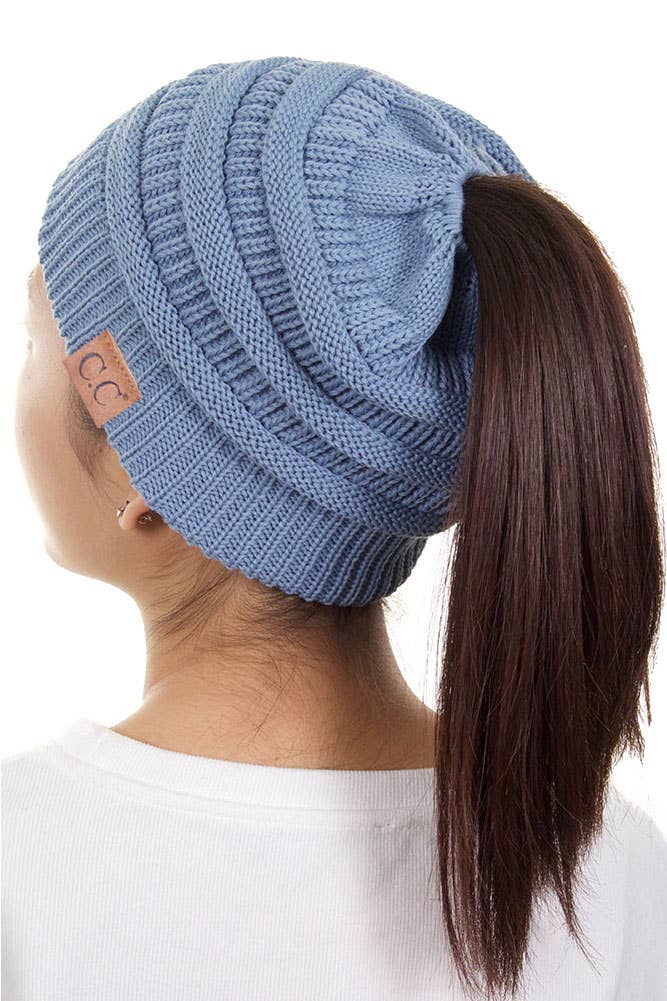 C.C Solid Color Ponytail Messy Bun Beanie: Navy