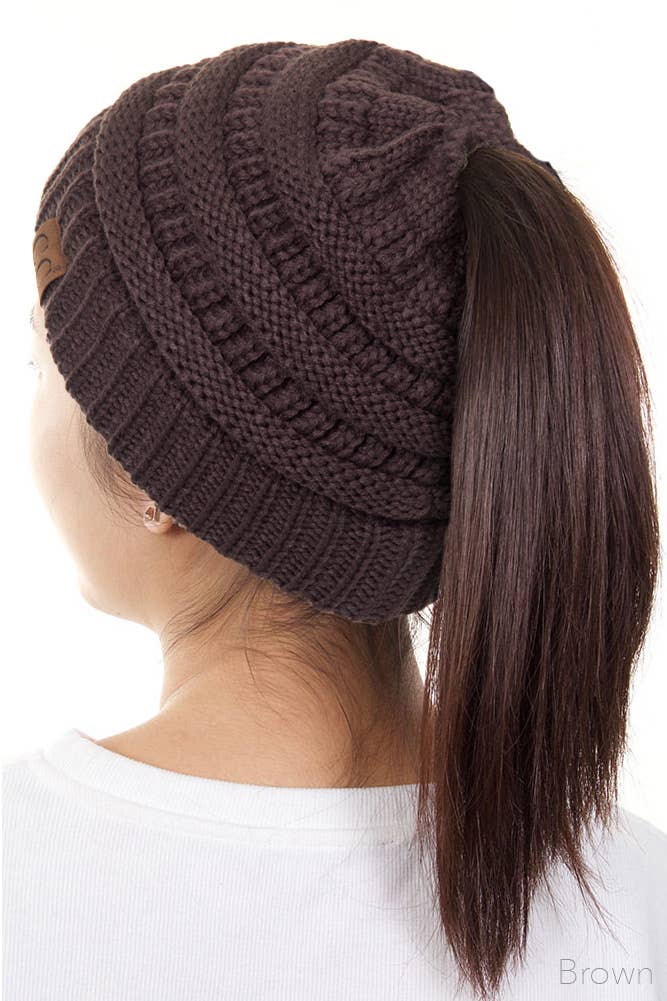 C.C Solid Color Ponytail Messy Bun Beanie: Black