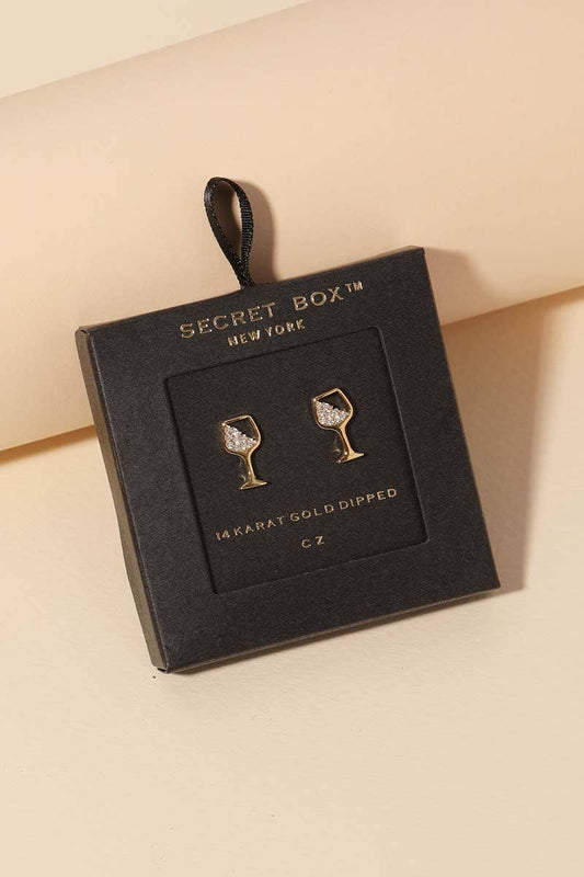 Secret Box White Gold Dipped Cz Wine Glass Stud Earrings