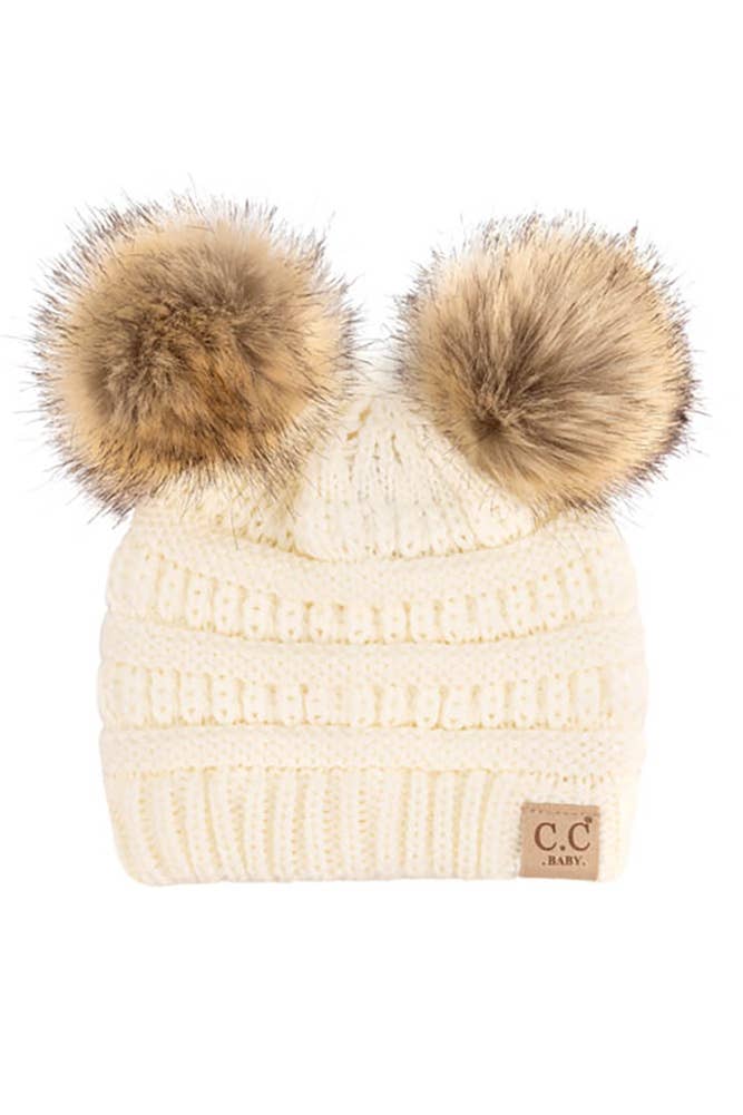 Hana - C.C Solid Ribbed Infant Natural Fur Double Pom Pom Beanie