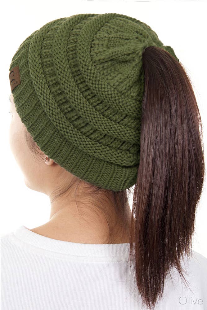 C.C Solid Color Ponytail Messy Bun Beanie: Navy