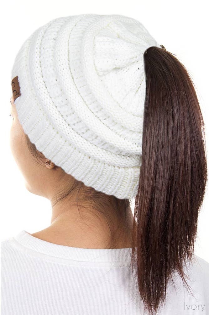 C.C Solid Color Ponytail Messy Bun Beanie: Navy