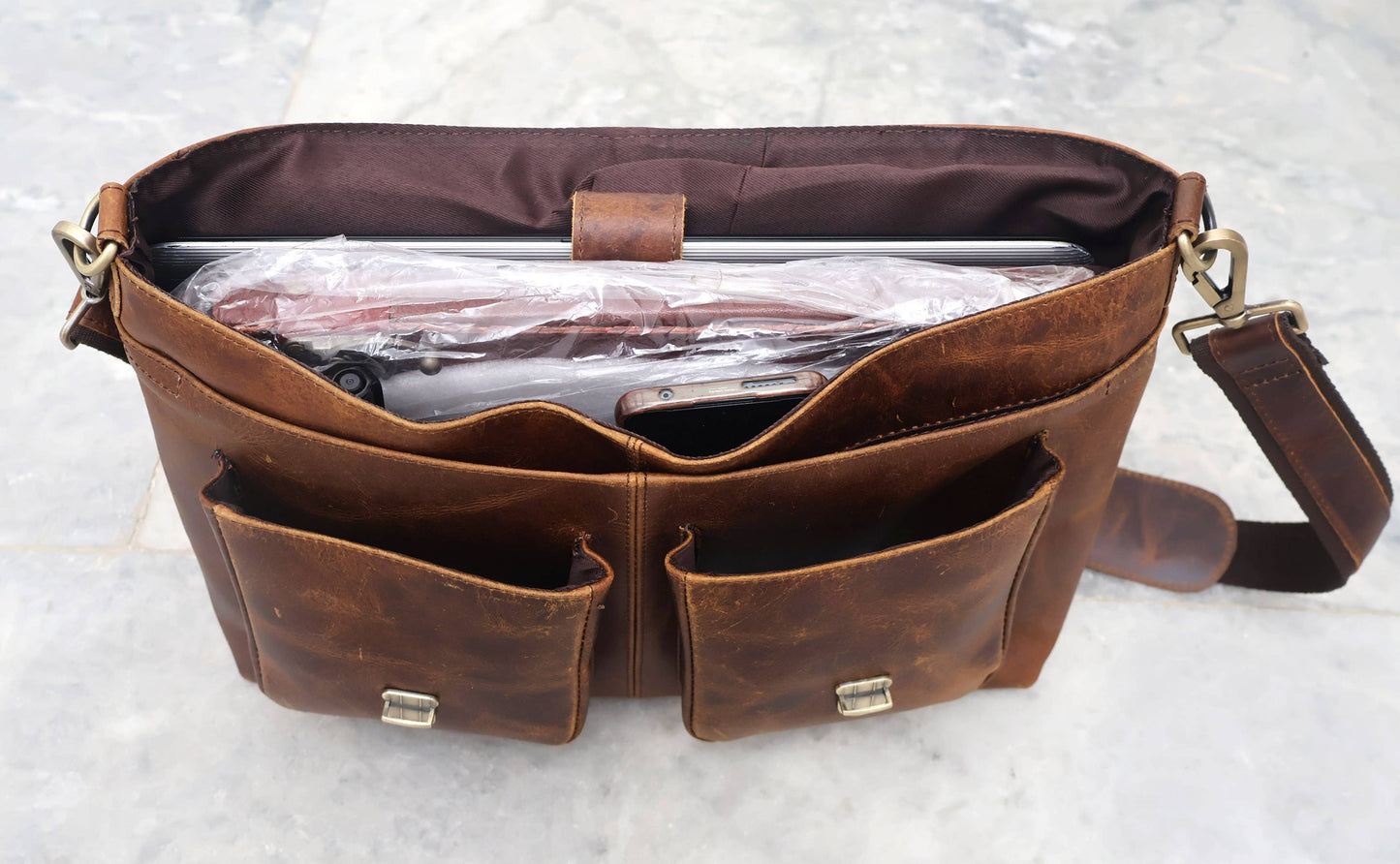 Buffalo Leather Double Pocket Messenger Bag