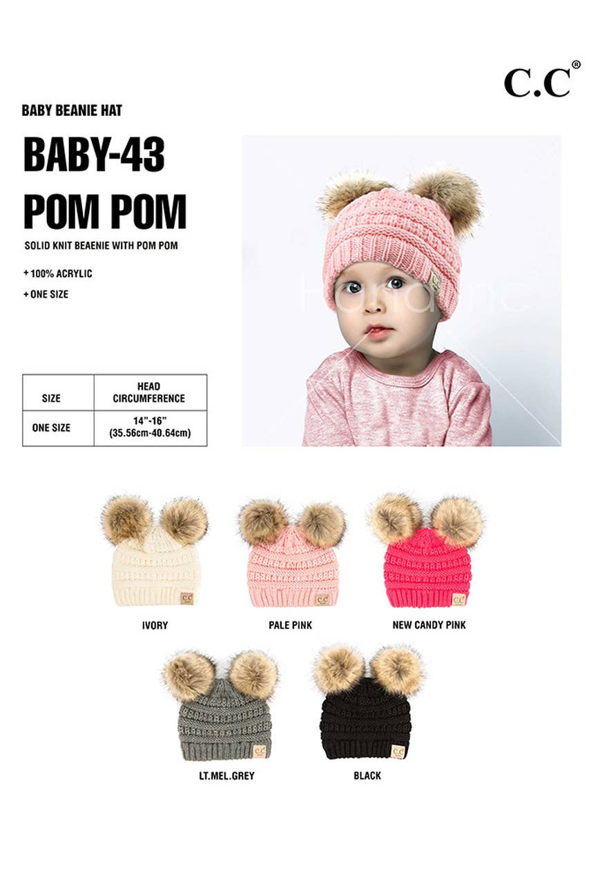 C.C Solid Ribbed Infant Natural Fur Double Pom Pom Beanie: Ivory