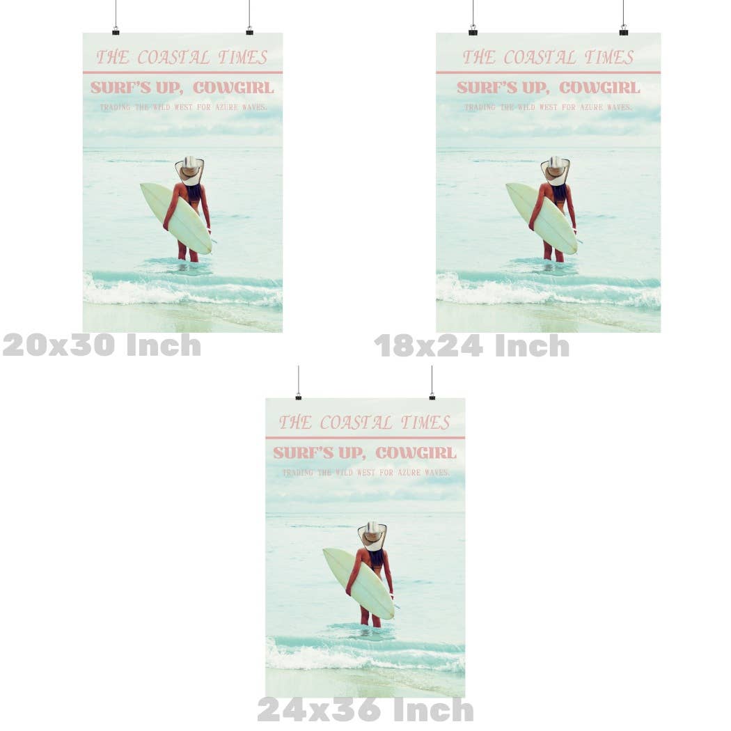 Trendy Newspaper Poster, Surfs Up Cowgirl News Print
