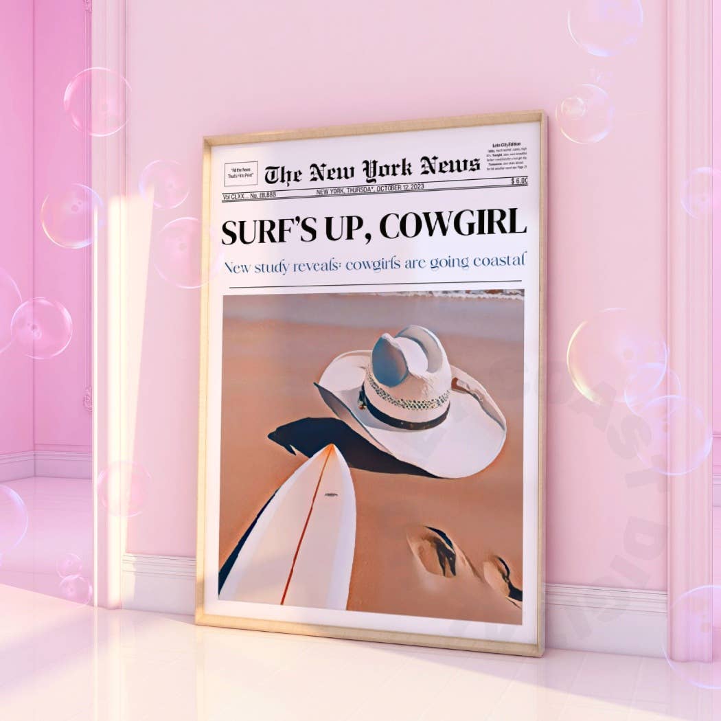 Surfs Up Cowgirl Newspaper Headline Wall Art Prints
