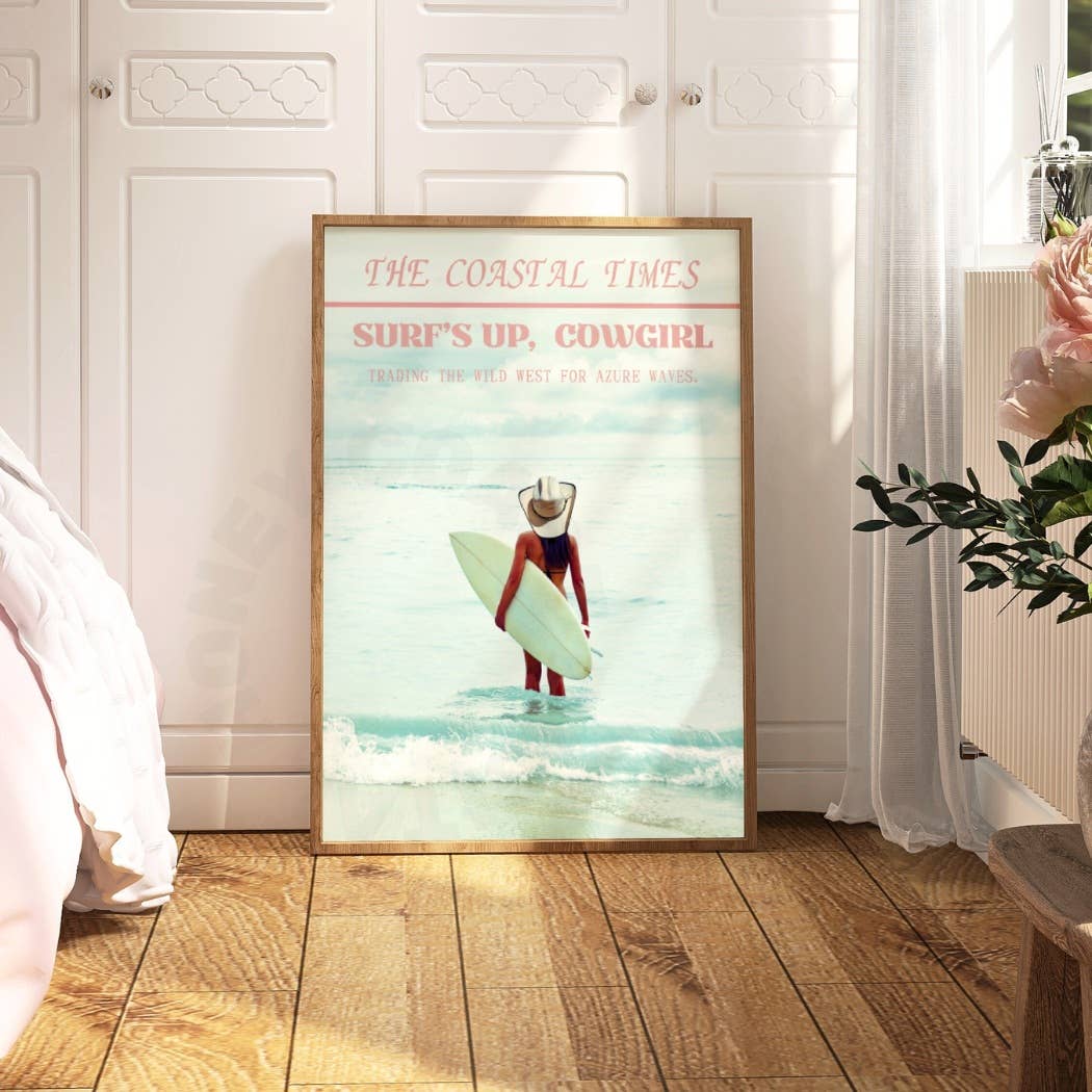 Trendy Newspaper Poster, Surfs Up Cowgirl News Print