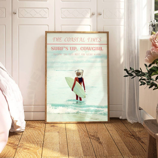 Trendy Newspaper Poster, Surfs Up Cowgirl News Print