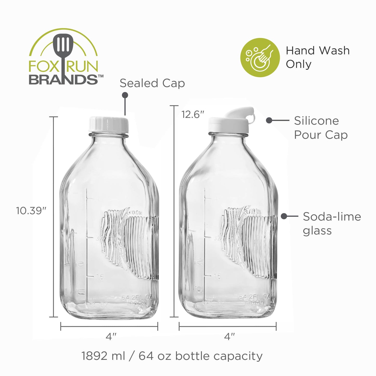 Fox Run Large Glass Milk Bottles, 64oz/2 Quart