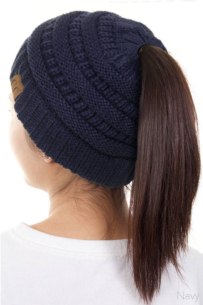 C.C Solid Color Ponytail Messy Bun Beanie: New Olive