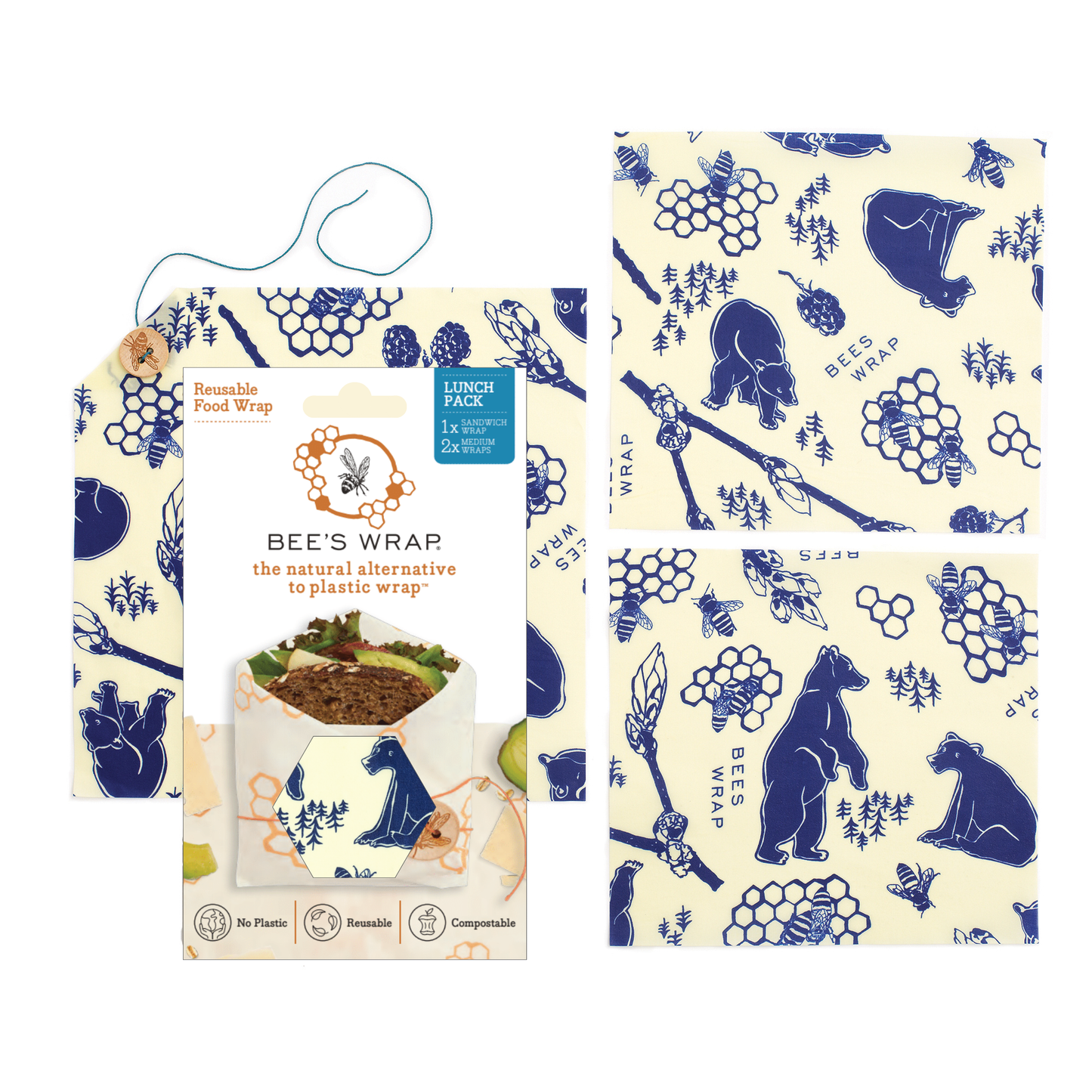 Bees Wrap Reusable Beeswax Wraps Lunch 3 Pack - Bees & Bears