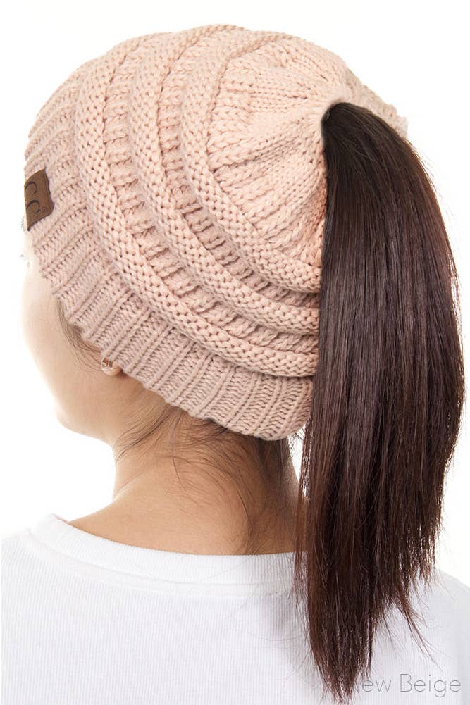 C.C Solid Color Ponytail Messy Bun Beanie: New Olive