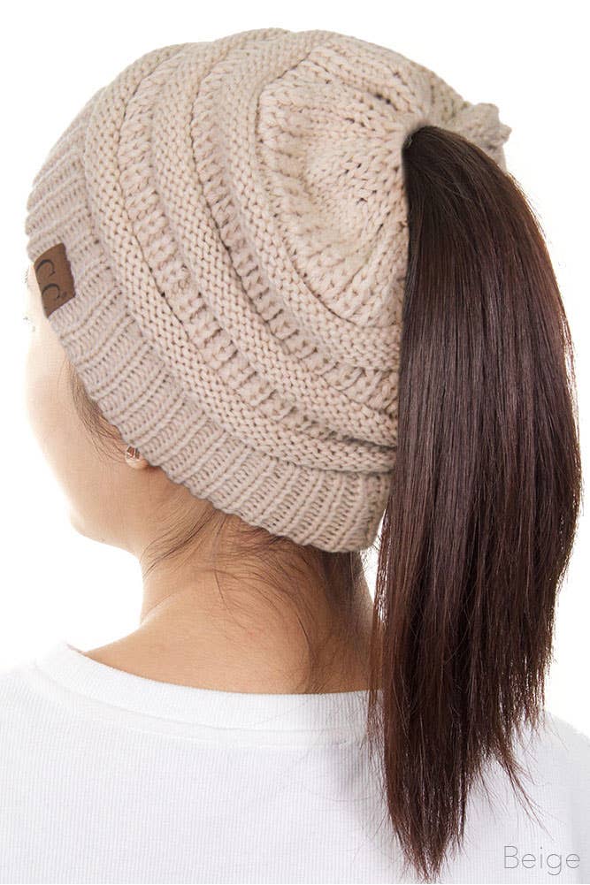 C.C Solid Color Ponytail Messy Bun Beanie: New Olive