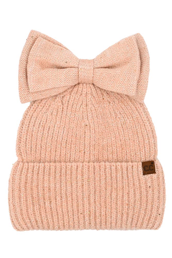 Hana - C.C Messy Bun Bow Beanie with Sequins Winter Hat