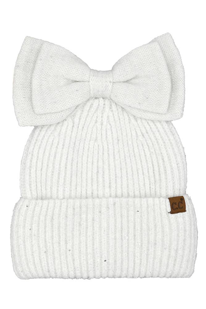 Hana - C.C Messy Bun Bow Beanie with Sequins Winter Hat