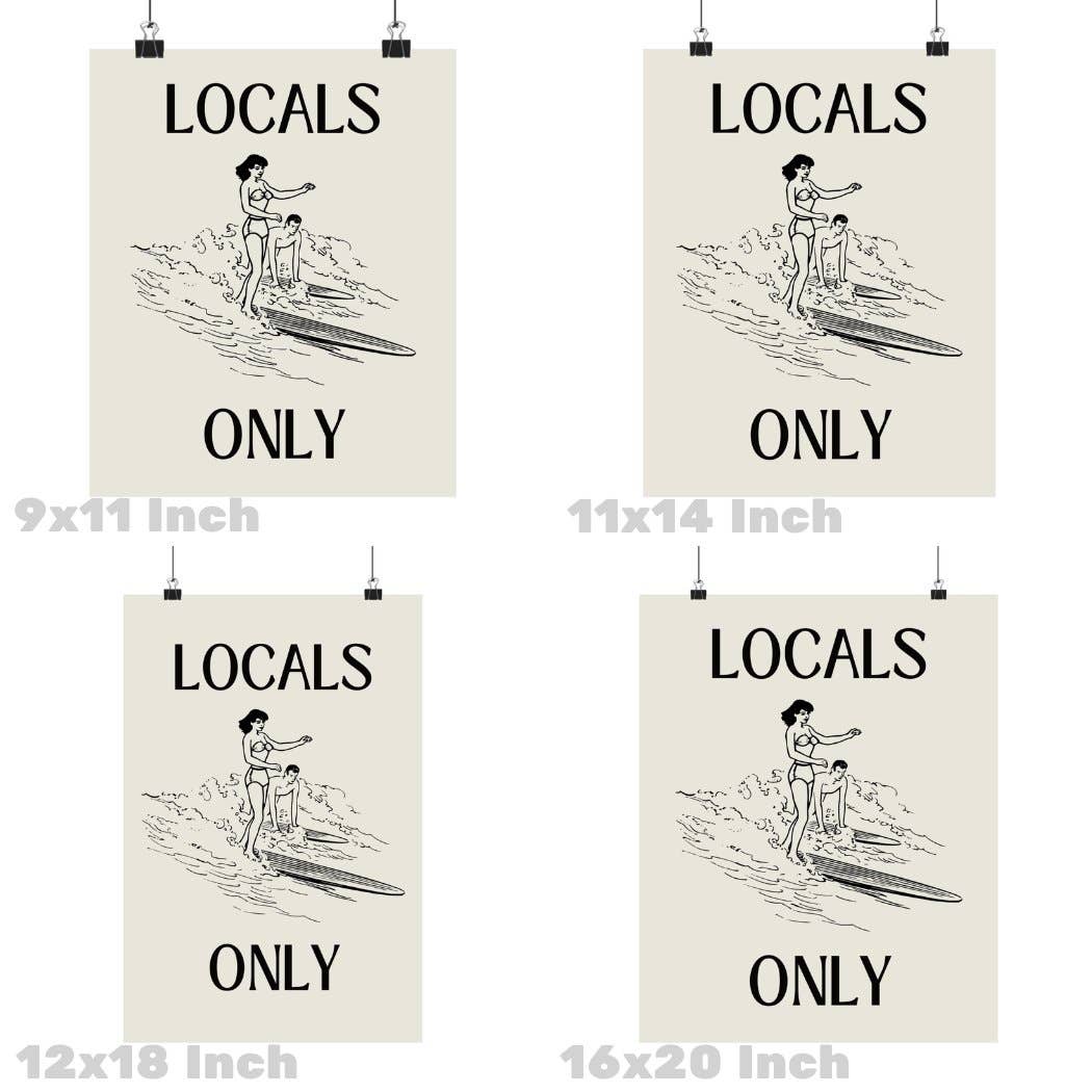 Locals Only Retro Surfer Typography Wall Art Monotone Prints