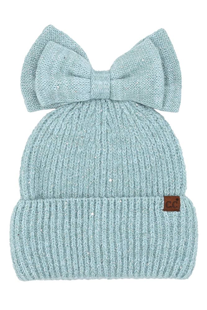 Hana - C.C Messy Bun Bow Beanie with Sequins Winter Hat