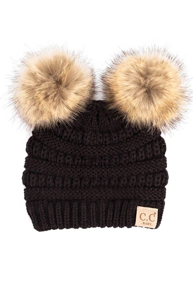 C.C Solid Ribbed Infant Natural Fur Double Pom Pom Beanie: Ivory