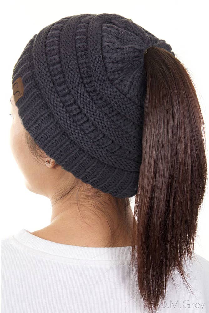 C.C Solid Color Ponytail Messy Bun Beanie: Navy